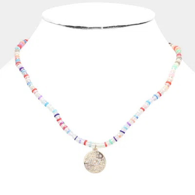 Fashnzfab Evil Eye Accented Rhinestone Embellished Round Pendant Beaded Necklace In Multi