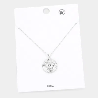 Fashnzfab Evil Eye Accented Textured Brass Metal Round Pendant Necklace In Multi
