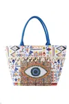 Fashnzfab Evil Eye Boho Print Pom Pom Fringe Tote Bag In Multi