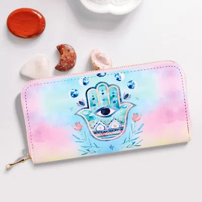 Fashnzfab Evil Eye Centered Hamsa Hand Flower Print Wallet In Blue