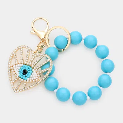 Fashnzfab Evil Eye Centered Heart Beaded Stretch Keychain / Bracelet In Blue