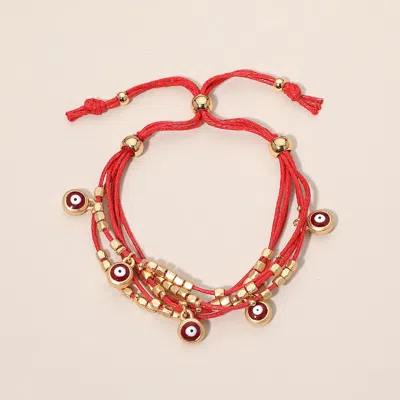 Fashnzfab Evil Eye Charm Beaded Multi Layered Adjustable Cinch Pull Tie Bracelet In Red