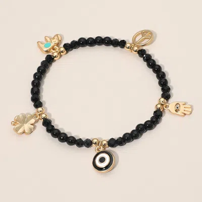 Fashnzfab Evil Eye Clover Peace Elephant Hamsa Hand Charm Beaded Stretch Bracelet In Black