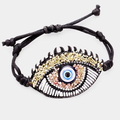 Fashnzfab Evil Eye Detail Adjustable Cinch Pull Tie Bracelet Black In Gold