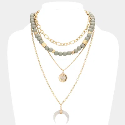 Fashnzfab Evil Eye Double Horn Pendant Wood Triple Layered Necklace In Gold