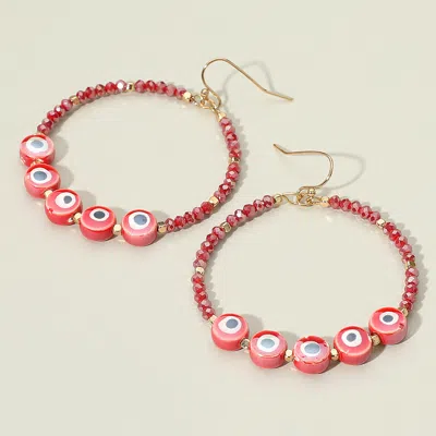 Fashnzfab Evil Eye Faceted Beaded Open Circle Dangle Earrings In Red