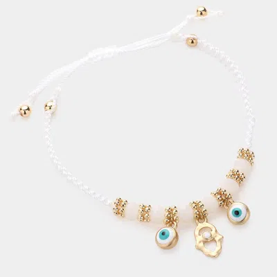 Fashnzfab Evil Eye Hamsa Hand Charm Pointed Braided Adjustable Cinch Pull Tie Bracelet In Gold