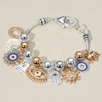 Fashnzfab Evil Eye Hamsa Hand Elephant Sun Horseshoe Charm Beaded Bracelet Two Tone In Silver