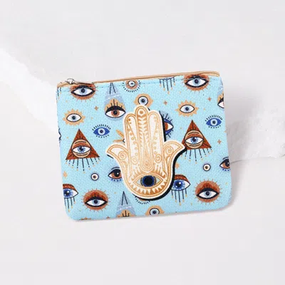 Fashnzfab Evil Eye Hamsa Hand Pattern Printed Mini Pouch Bag In Blue
