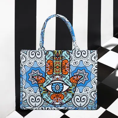 Fashnzfab Evil Eye Hamsa Hand Printed Tote Bag In Blue