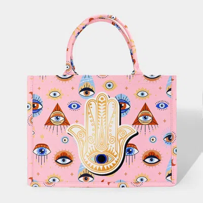 Fashnzfab Evil Eye Hamsa Hand Printed Tote Bag In Pink