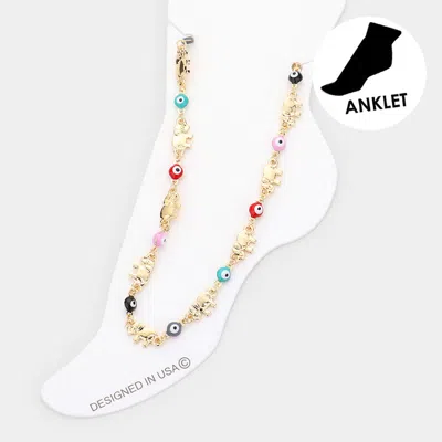 Fashnzfab Evil Eye Metal Elephant Link Anklet In Multi
