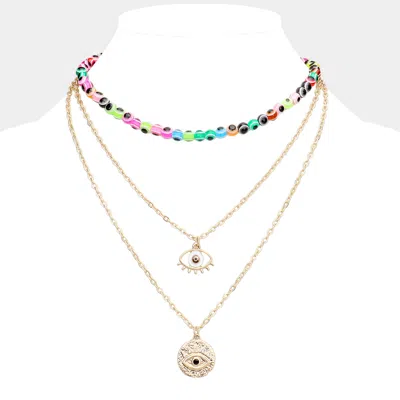Fashnzfab Evil Eye Pendant Triple Layered Necklace In Gold
