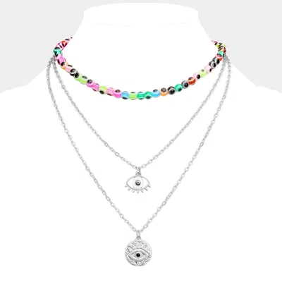 Fashnzfab Evil Eye Pendant Triple Layered Necklace In Metallic