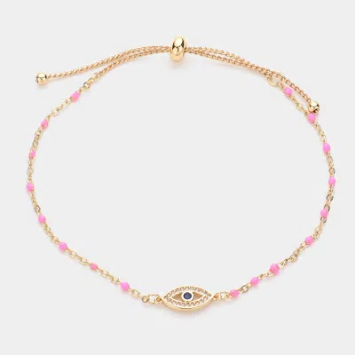 Fashnzfab Evil Eye Pointed Beads Station Pull Tie Bracelet In Pink