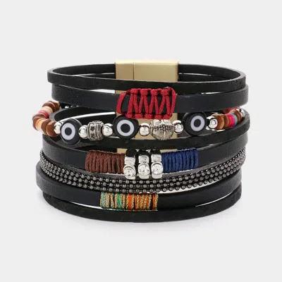 Fashnzfab Evil Eye Pointed Faux Leather Magnetic Bracelet Black