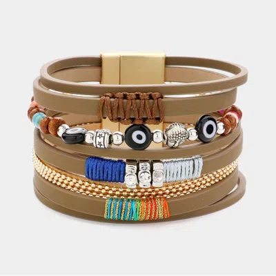 Fashnzfab Evil Eye Pointed Faux Leather Magnetic Bracelet Brown