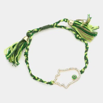 Fashnzfab Evil Eye Pointed Hamsa Hand Cinch Pull Tie Bracelet In Green