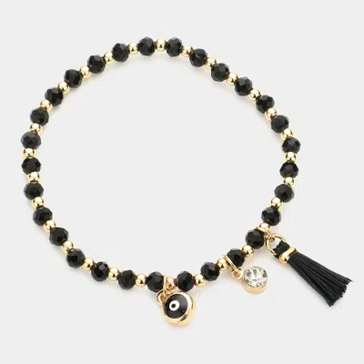 Fashnzfab Evil Eye Round Stone Tassel Charm Faceted Beaded Stretch Bracelet In Black