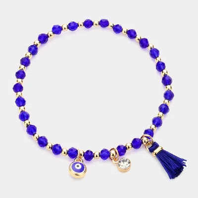 Fashnzfab Evil Eye Round Stone Tassel Charm Faceted Beaded Stretch Bracelet In Blue