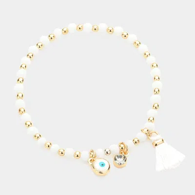 Fashnzfab Evil Eye Round Stone Tassel Charm Faceted Beaded Stretch Bracelet In Gold