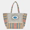 Fashnzfab Evil Eye Seed Beaded Pointed Fringe Trim Ethnic Jute Tote Bag In Multi