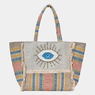 Fashnzfab Evil Eye Seed Beaded Pointed Fringe Trim Ethnic Jute Tote Bag In Multi