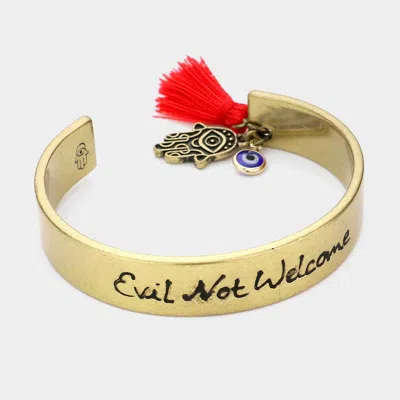 Fashnzfab Evil Not Welcome Hamsa Hand Evil Eye Tassel Charm Cuff Bracelet Gold Burnished, Red