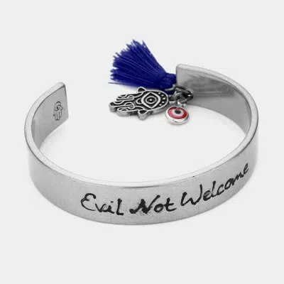Fashnzfab Evil Not Welcome Hamsa Hand Evil Eye Tassel Charm Cuff Bracelet Sapphire, Silver Burnished In Blue