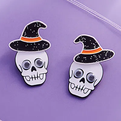 Fashnzfab Eye Pointed Enamel Skull Head In Witch Hat Earrings In Black