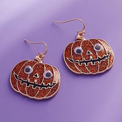 Fashnzfab Eye Pointed Glittered Enamel Halloween Pumpkin Dangle Earrings In Gold