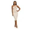 Fashnzfab Eyelet With Stud Detailed Fashion Dress In Beige