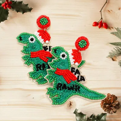 Fashnzfab Fa La Rawr Message Felt Back Seed Beaded Santa Hat Dinosaur - Green
