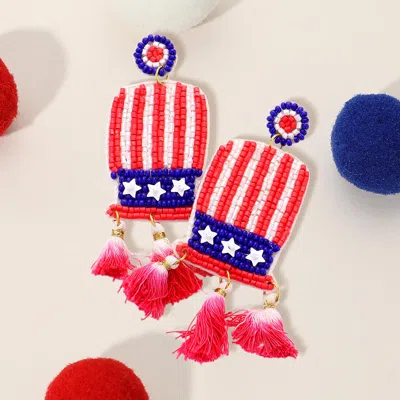 Fashnzfab Fabric Back American Usa Flag Seed Beaded Hat Triple Ombre Tassel Link Dangle Earrings In Multi