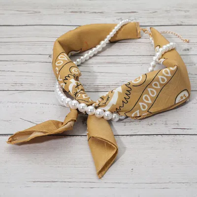 Fashnzfab Fabric Bandana Scarf Pearl Layered Necklace In Brown