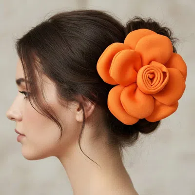 Fashnzfab Fabric Floral Statement Pin Brooch Alligator Snap Hair Clip In Orange