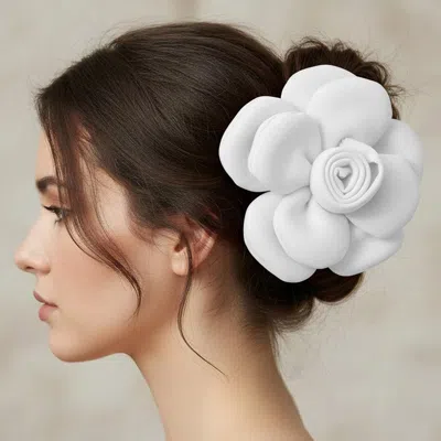 Fashnzfab Fabric Floral Statement Pin Brooch Alligator Snap Hair Clip In White