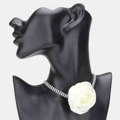 Fashnzfab Fabric Flower 3-row Rhinestone Choker Necklace In Purple