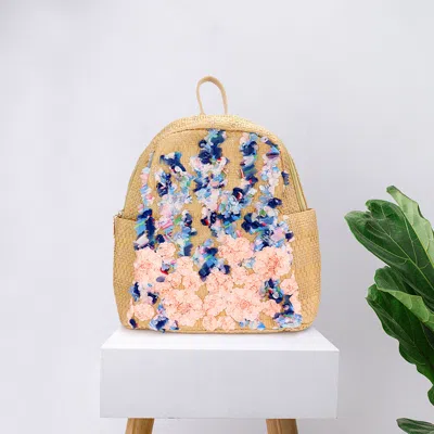 Fashnzfab Kids' Fabric Flower Cluster Straw Backpack Bag In Beige