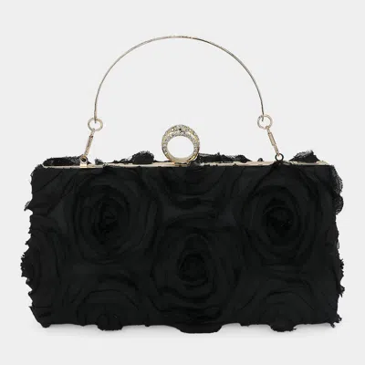 Fashnzfab Fabric Flower Embellished Evening Bag / Clutch Bag / Crossbody Bag In Black