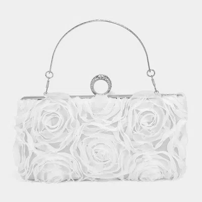 Fashnzfab Fabric Flower Embellished Evening Bag / Clutch Bag / Crossbody Bag In White