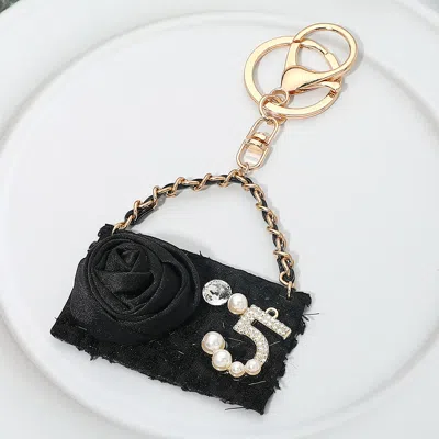 Fashnzfab Fabric Flower Pearl Paved Number Five Embellished Handbag Keychain / Bag Charm In Black