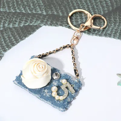 Fashnzfab Fabric Flower Pearl Paved Number Five Embellished Handbag Keychain / Bag Charm In Blue