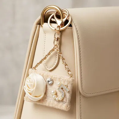 Fashnzfab Fabric Flower Pearl Paved Number Five Embellished Handbag Keychain / Bag Charm In Gold