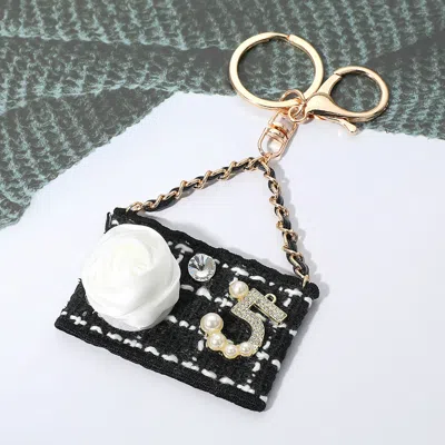 Fashnzfab Fabric Flower Pearl Paved Number Five Embellished Handbag Keychain / Bag Charm In Gold