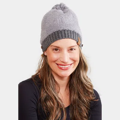 Fashnzfab Face Mask Holder Button Cable Knit Pom Pom Beanie Hat In Beige