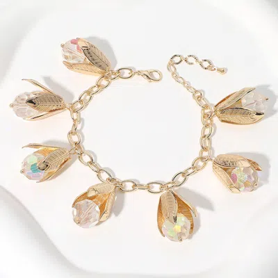 Fashnzfab Faceted Ball Flower Bud Charm Station Bracelet Ab, Clear, Gold