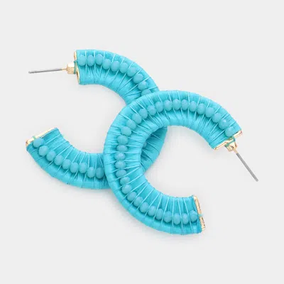 Fashnzfab Faceted Bead Embellished Raffia Wrapped Hoop Earrings In Blue