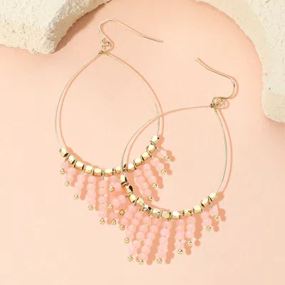 Fashnzfab Faceted Bead Fringe Open Wire Teardrop Dangle Earrings - Pink