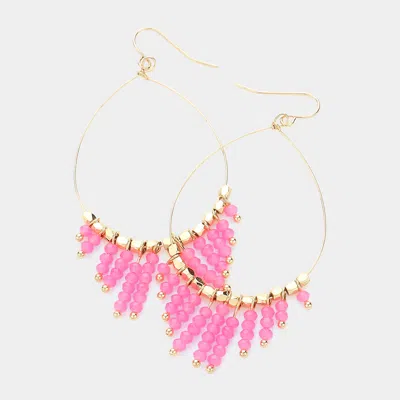 Fashnzfab Faceted Bead Fringe Open Wire Teardrop Dangle Earrings In Pink